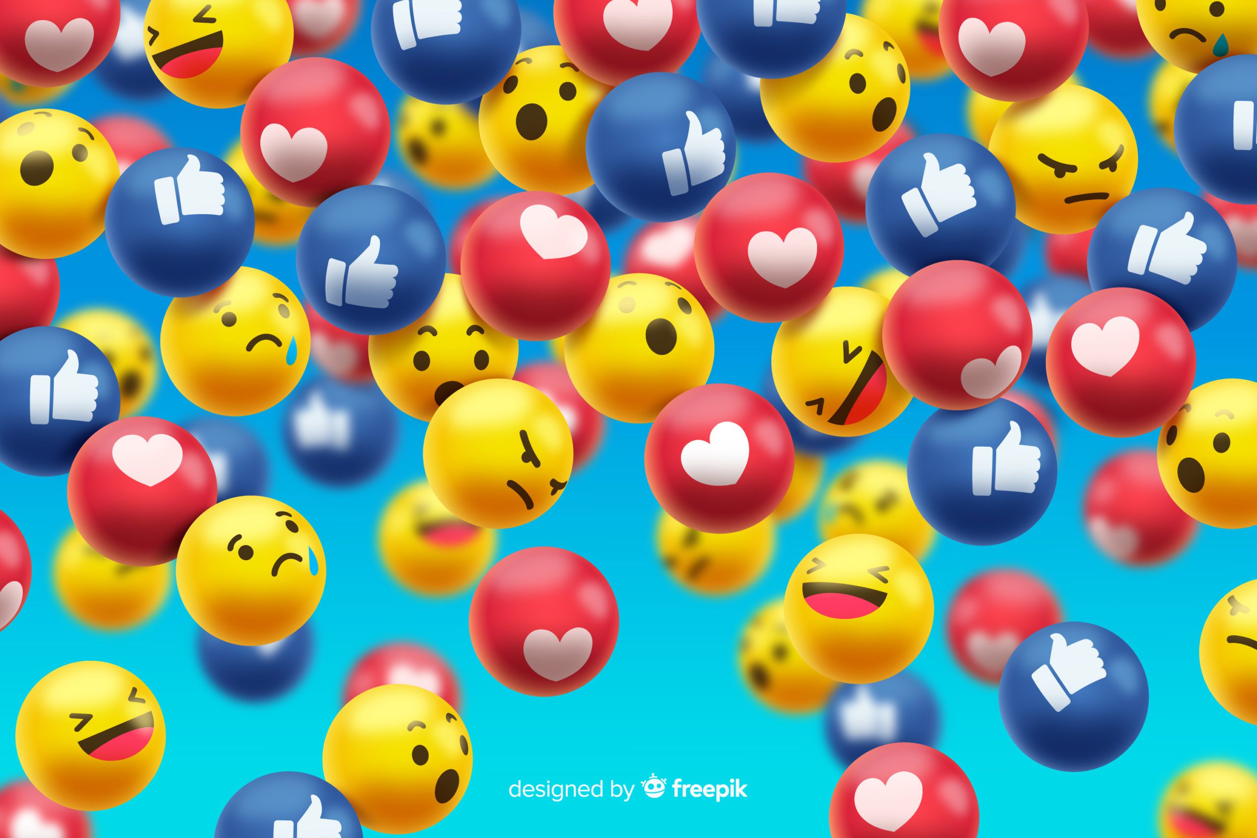 Illustration of 3D Facebook reactions falling from the sky