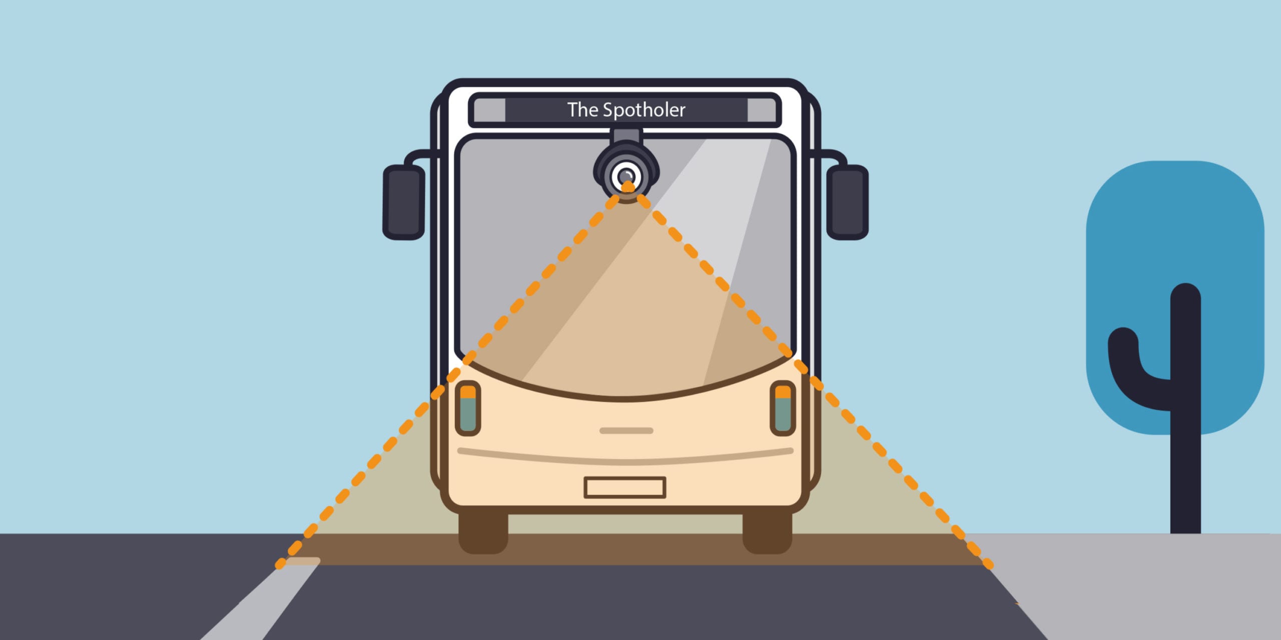 Frame from the Pothole Spotter animation showing the spotter mounted on the front of a bus