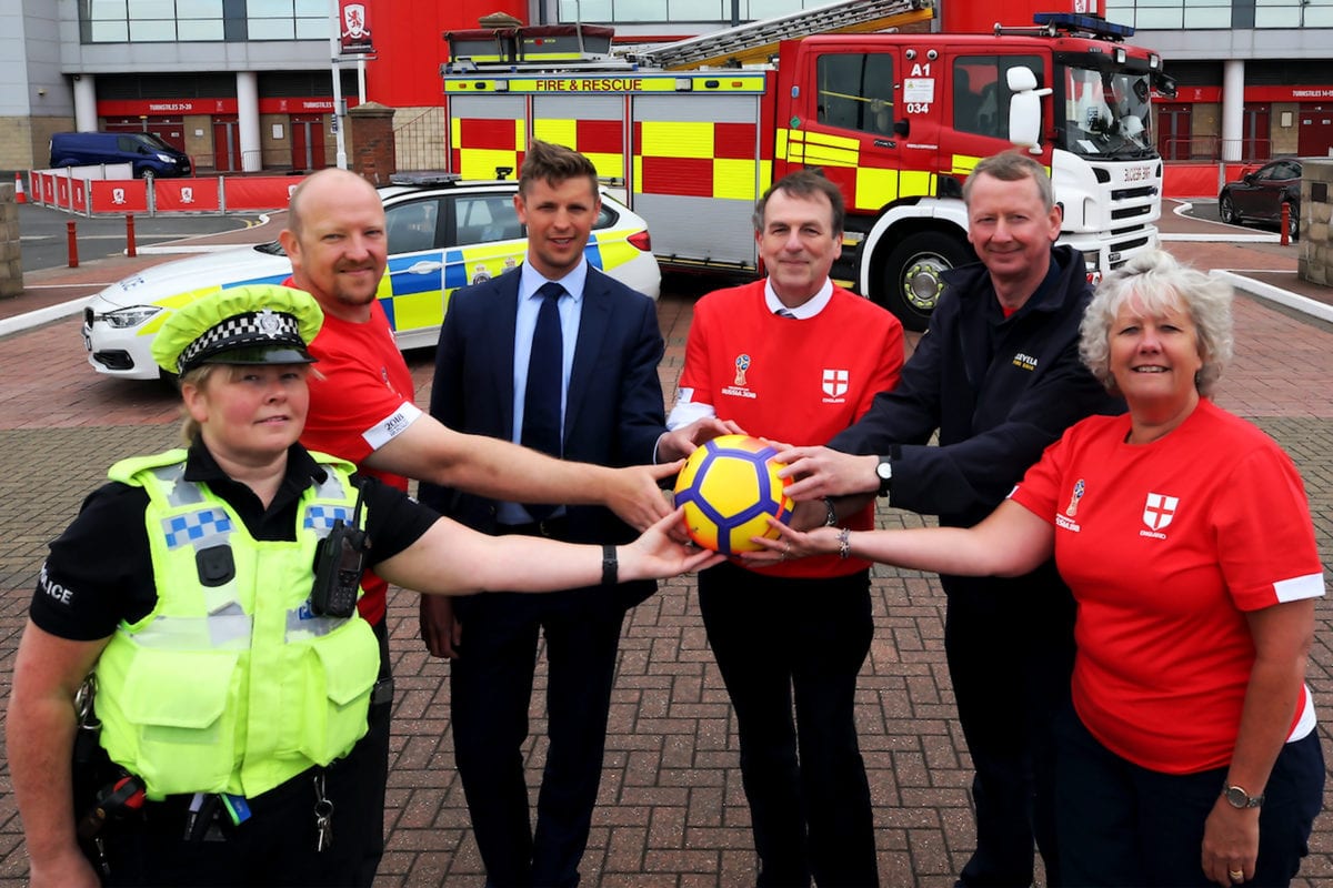 Promotional photo from the launch of RSGB North East's World Cup Drink-driving campaign with police, fire and football team support