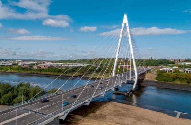Photo from a drone of traffic crossing the Northern Spire Bridge