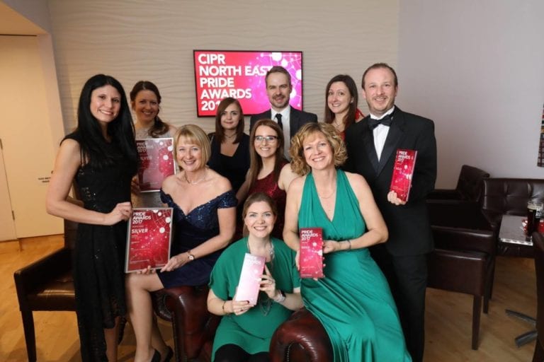 Photo of the DTW team holding the various awards won at the CIPR North East Pride Awards, including Outstanding Consultancy 2017