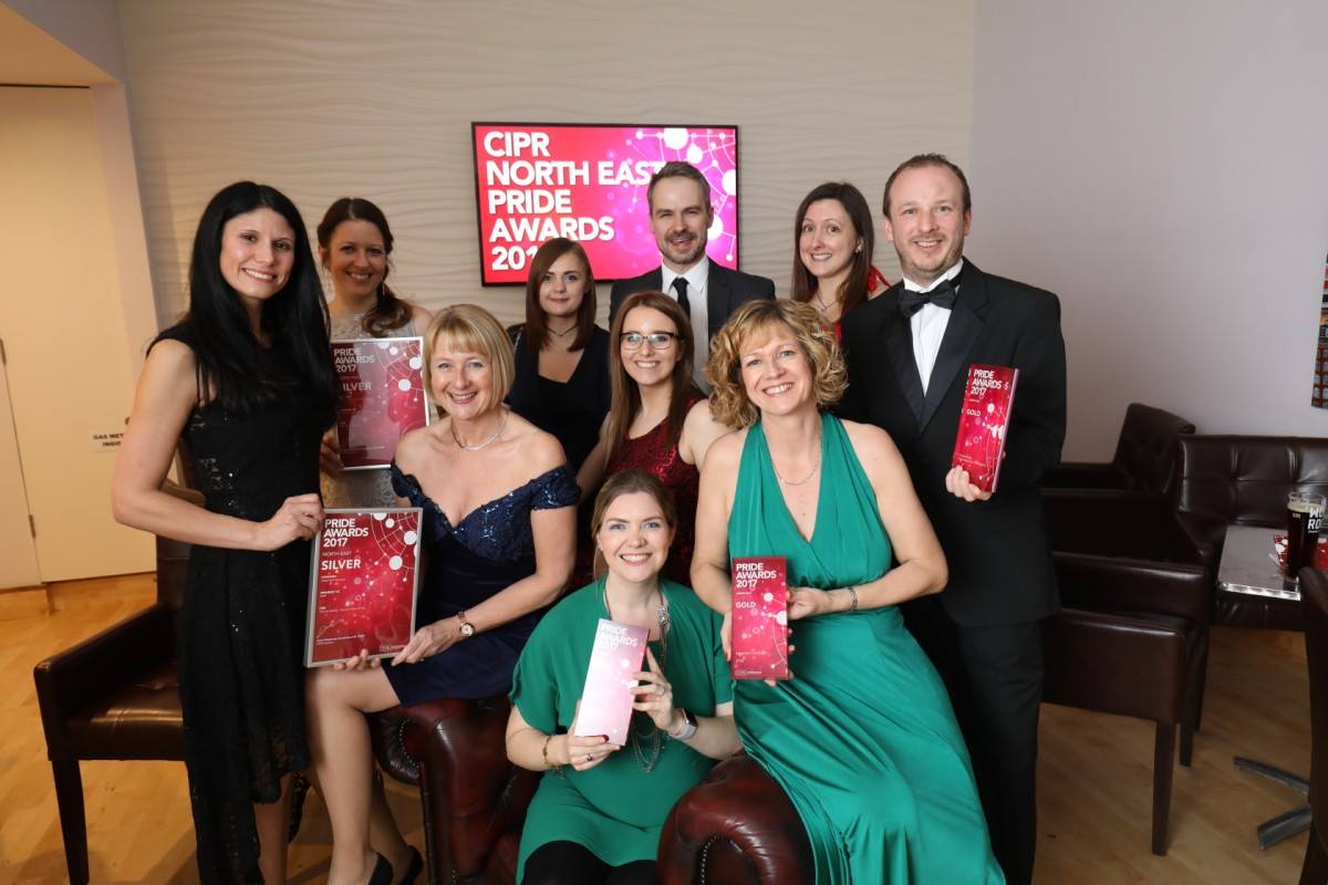 Photo of the DTW team holding the various awards won at the CIPR North East Pride Awards, including Outstanding Consultancy 2017