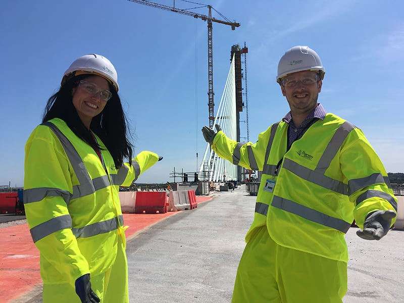 Hayley and Chris on the deck of the Mersey Gateyway during construction