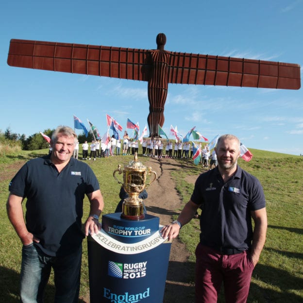 England Rugby World Cup Winner Jason Leonard with England International Ollie Philips in front of the Angel of the North