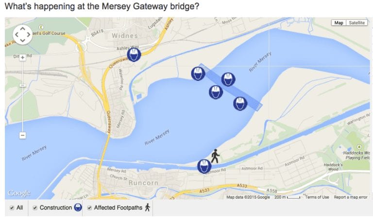 Google maps showing the construction work areas surrounding the Mersey Gateway bridge