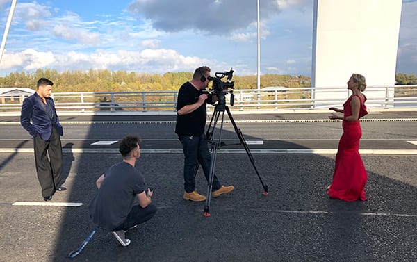 Photo of behind the scenes at the photo shoot with Faye Tozer and Giovanni Pernice on the Northern Spire bridge