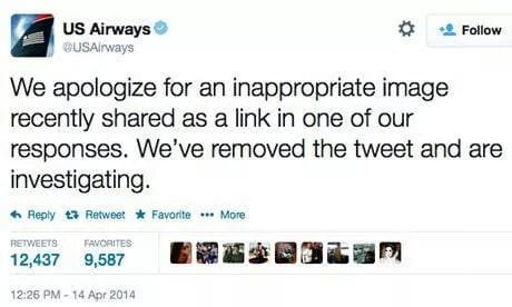 US Airways twitter post apologising for inappropriate image