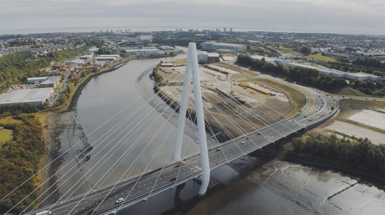 Photograph of Northern Spire bridge from overhead drone