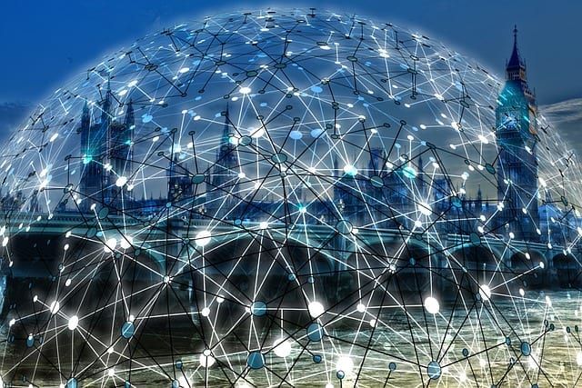Image of a network connected globe with london backdrop