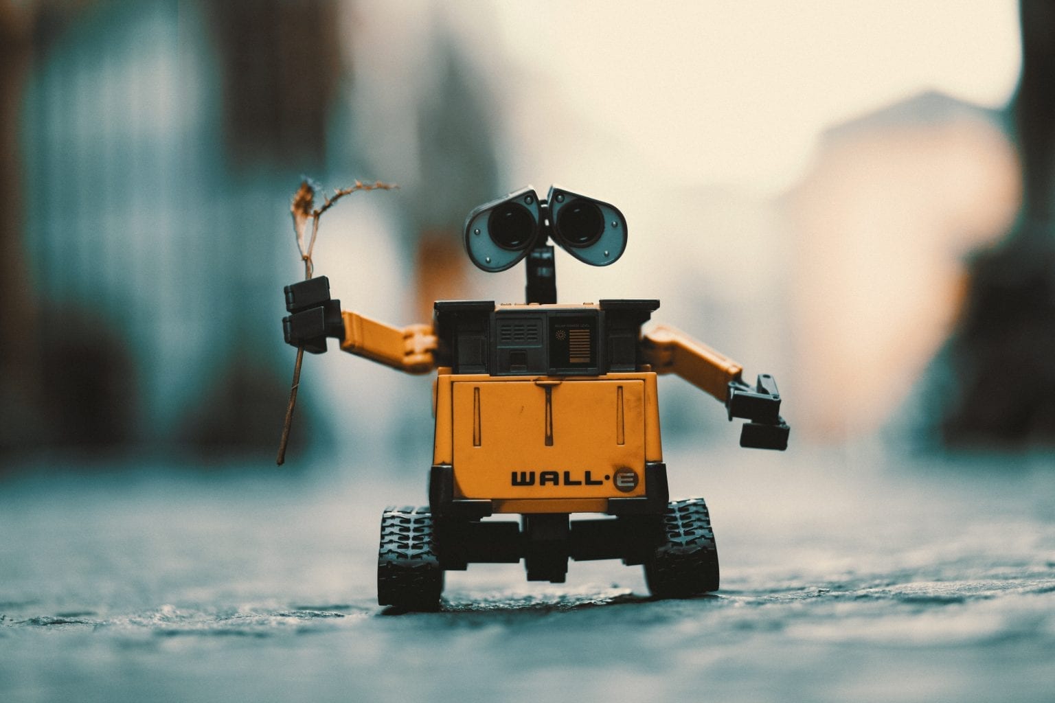 Photo of a Wall-E toy robot holding a leaf