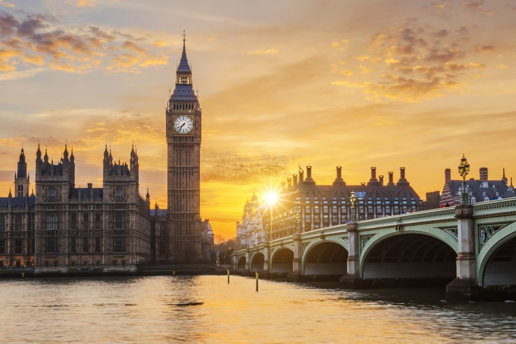 Photograph of Big Ben and Westminster Bridge in the sunset