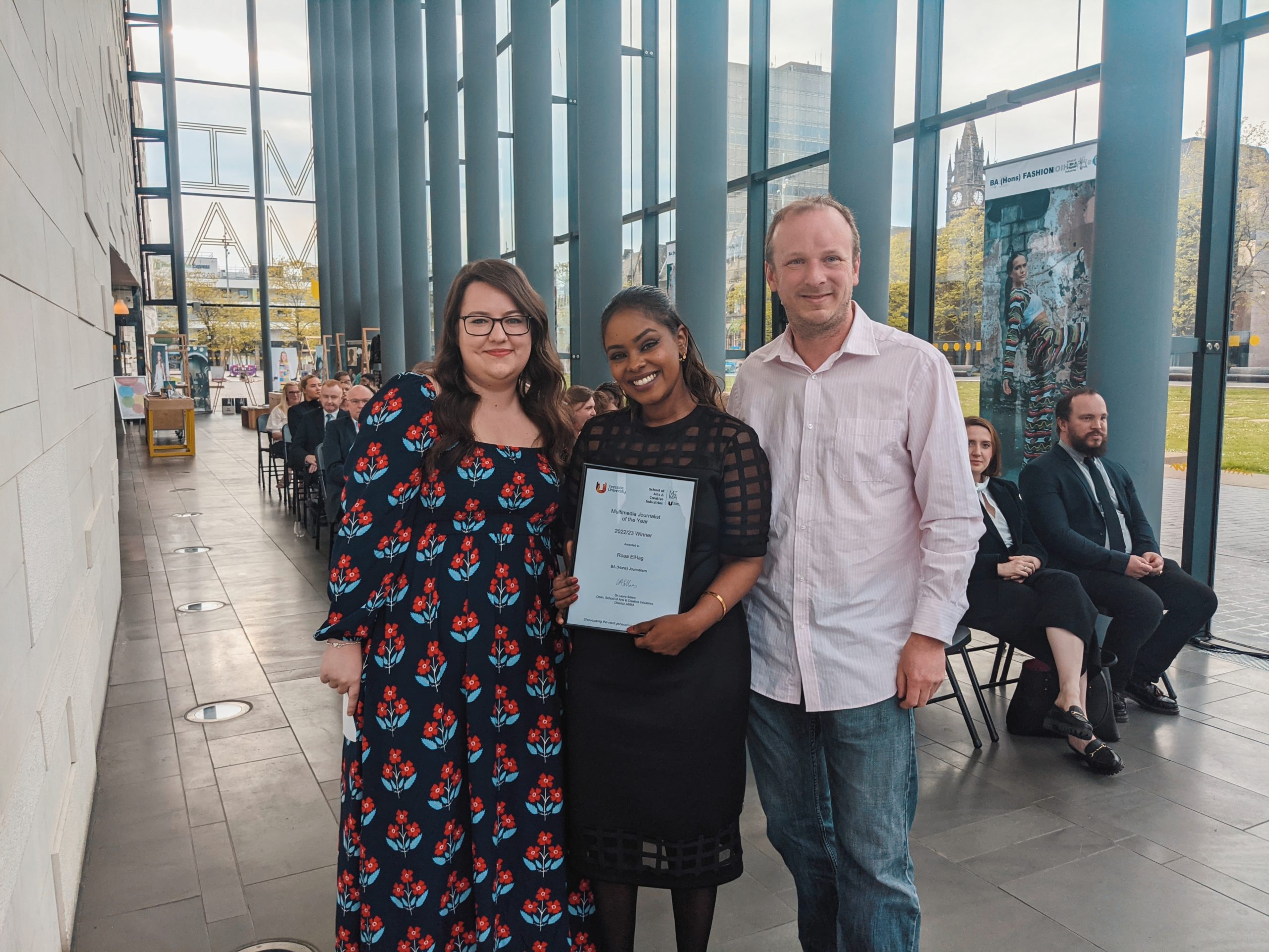Photo showing DTW Managing Director Chris Taylor and Account Manager Kate Robertson with Teesside University Multimedia Journalist of the Year award, winner Roaa Elhag