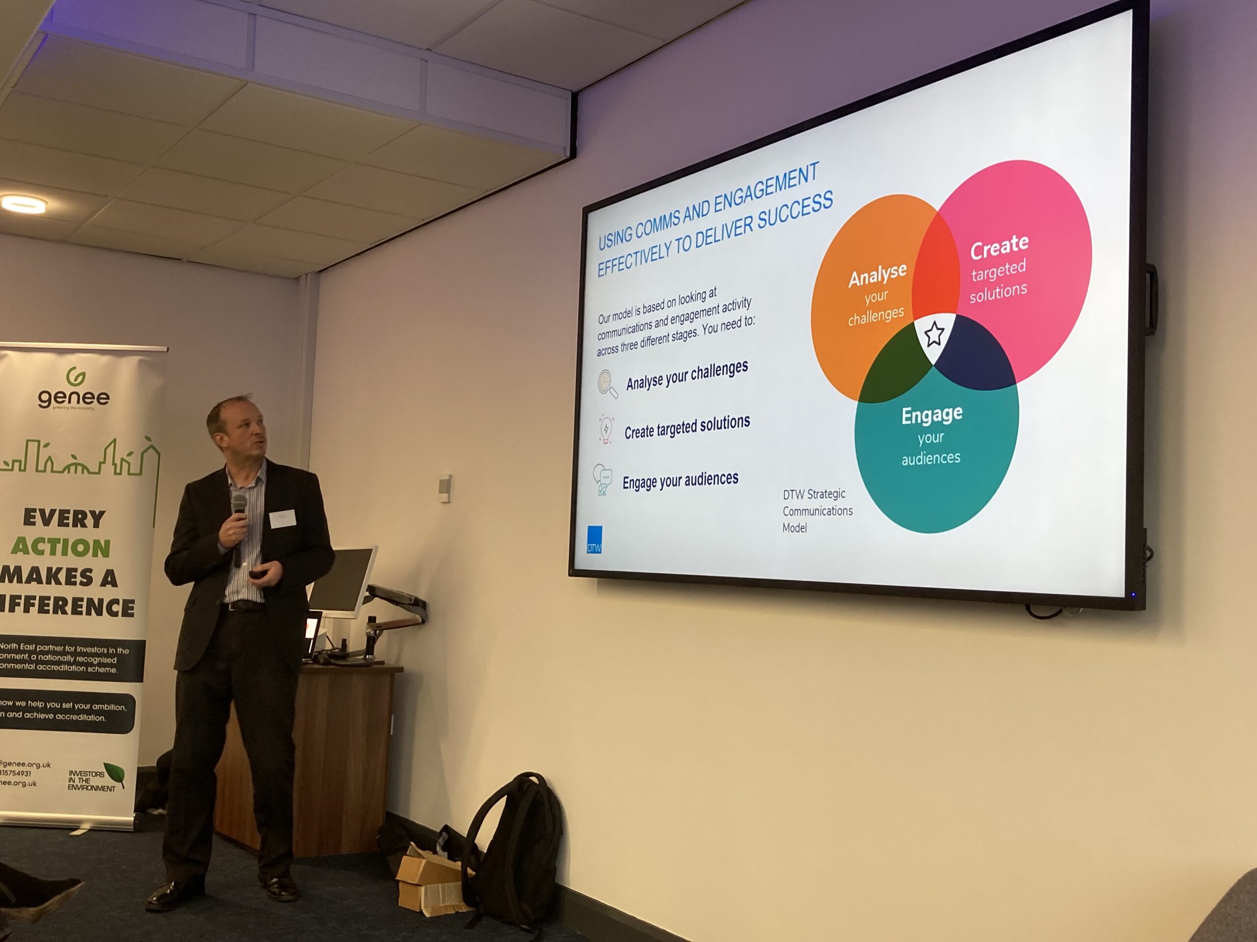 DTW Managing Director, Chris Taylor stood in front of a large screen with an image of the DTW strategic communications model on it